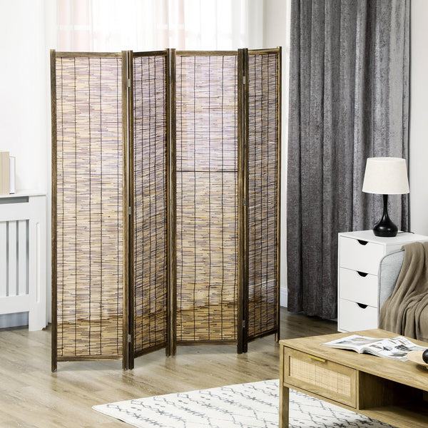 English Elm HOMCOM 4-Panel Reed Room Divider 5.5ft Folding Privacy Screen, Hand-Woven Freestanding Partition for Home Office Brown W2225P229150