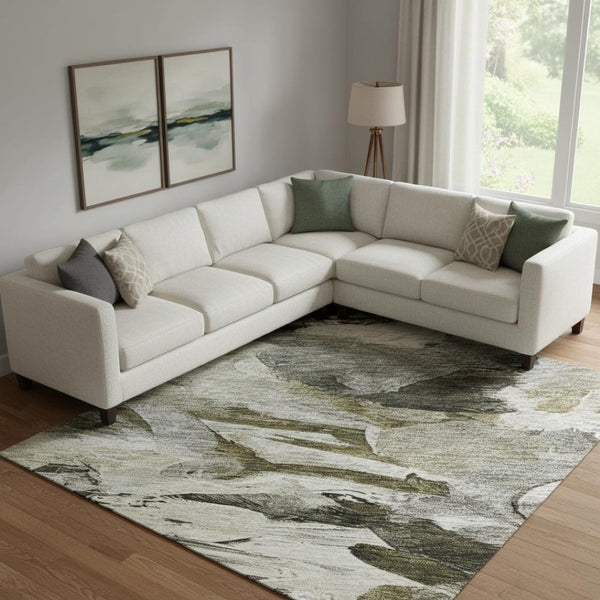 HomeRoots 9' X 12' Abstract Washable Area Rug in Granite Gray, Beige & Gold – Durable, UV Protected Design! 683691