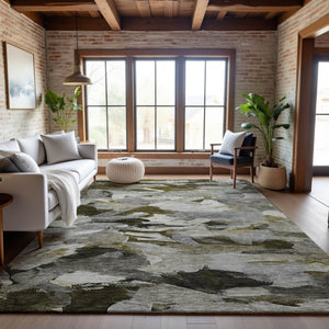 HomeRoots 9' X 12' Abstract Washable Area Rug in Granite Gray, Beige & Gold – Durable, UV Protected Design! 683691