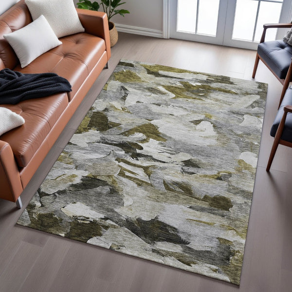 HomeRoots 9' X 12' Abstract Washable Area Rug in Granite Gray, Beige & Gold – Durable, UV Protected Design! 683691