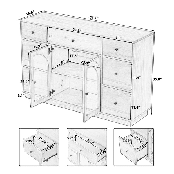English Elm Christopher Knight Home® - Cabinet roomy storage console with 2 doors, 7 drawers, glass accents and manufactured wood build, large Dark Brown N780P330601D