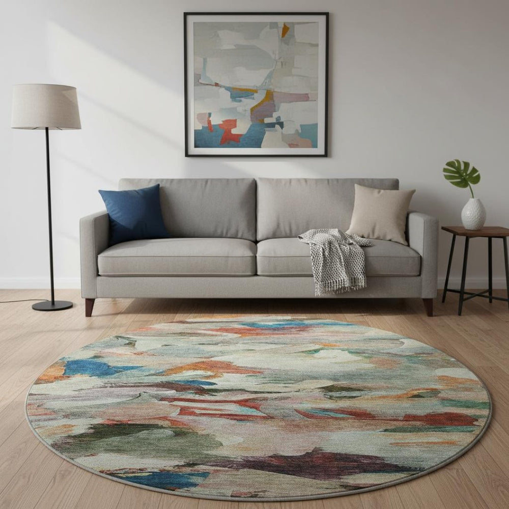 HomeRoots 8' Vibrant Abstract Round Rug in Green, Orange & Teal – Durable, Washable, UV Protected Beauty! 683695
