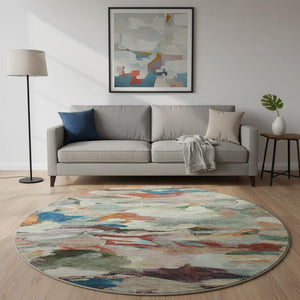 HomeRoots 8' Vibrant Abstract Round Rug in Green, Orange & Teal – Durable, Washable, UV Protected Beauty! 683695