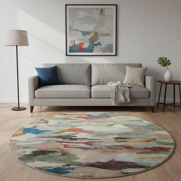 HomeRoots 8' Vibrant Abstract Round Rug in Green, Orange & Teal – Durable, Washable, UV Protected Beauty! 683695