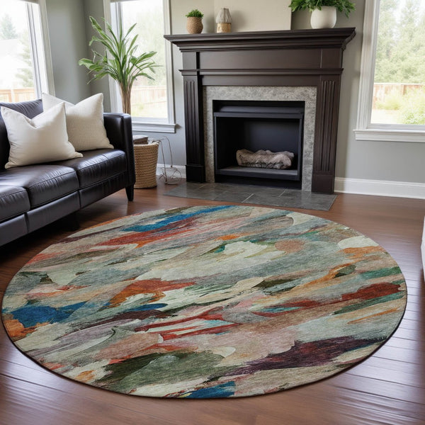 HomeRoots 8' Vibrant Abstract Round Rug in Green, Orange & Teal – Durable, Washable, UV Protected Beauty! 683695