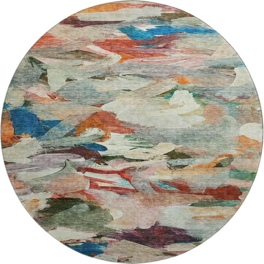 HomeRoots 8' Vibrant Abstract Round Rug in Green, Orange & Teal – Durable, Washable, UV Protected Beauty! 683695