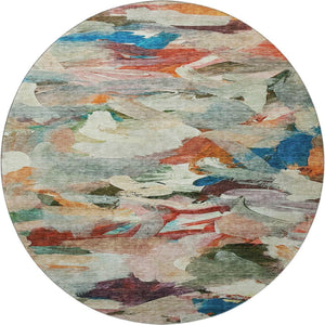 HomeRoots 8' Vibrant Abstract Round Rug in Green, Orange & Teal – Durable, Washable, UV Protected Beauty! 683695