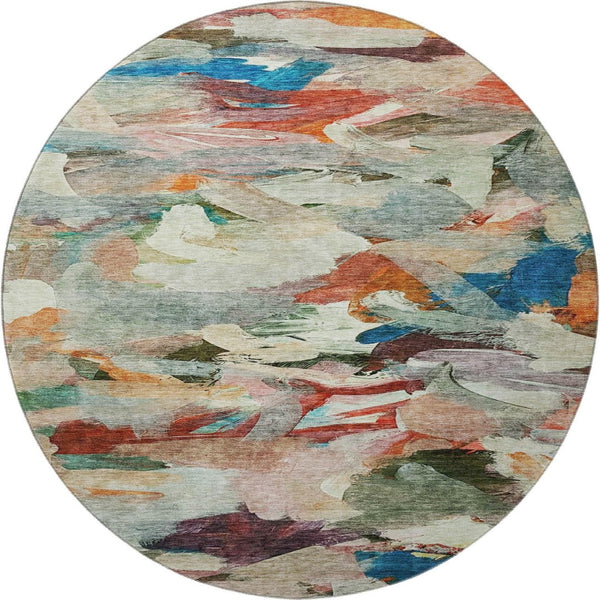 HomeRoots 8' Vibrant Abstract Round Rug in Green, Orange & Teal – Durable, Washable, UV Protected Beauty! 683695