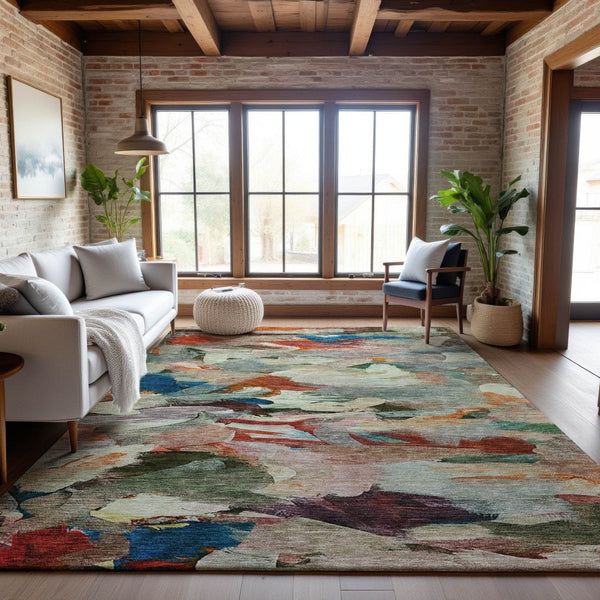HomeRoots 9' X 12' Abstract Washable Area Rug in Green, Orange & Teal - UV Protection & Stain Resistant Design 683697