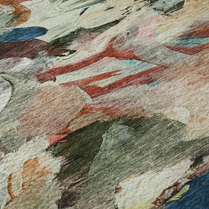HomeRoots 9' X 12' Abstract Washable Area Rug in Green, Orange & Teal - UV Protection & Stain Resistant Design 683697