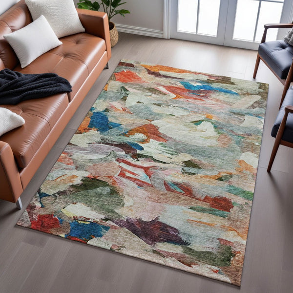 HomeRoots 9' X 12' Abstract Washable Area Rug in Green, Orange & Teal - UV Protection & Stain Resistant Design 683697