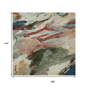 HomeRoots 9' X 12' Abstract Washable Area Rug in Green, Orange & Teal - UV Protection & Stain Resistant Design 683697