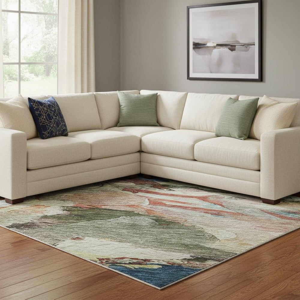 HomeRoots 10' Vibrant Green, Orange & Teal Abstract Washable Area Rug - UV Protection & Easy Care Design 683698