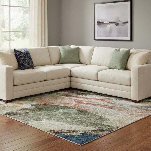 HomeRoots 10' Vibrant Green, Orange & Teal Abstract Washable Area Rug - UV Protection & Easy Care Design 683698