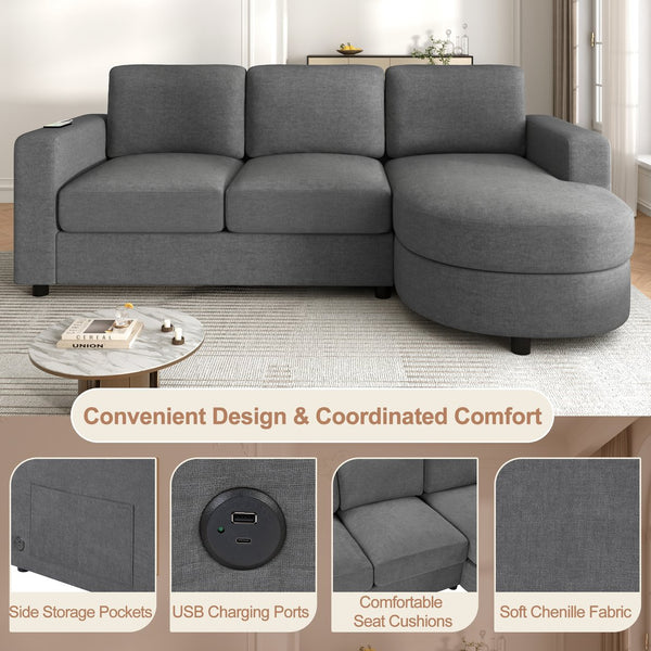 English Elm Modern L-Shaped Sectional Sofa With Curved Chaise, Usb Ports & Storage, Soft Chenille, Grey Finish N719S002170E