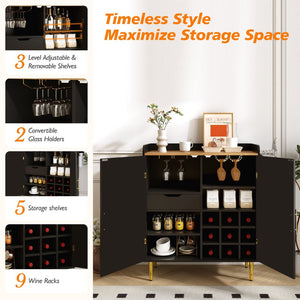 English Elm Modern Fluted Bar Cabinet with Wine Rack Glass Holders Adjustable Shelving and Hidden Drawer Black N728P438606B