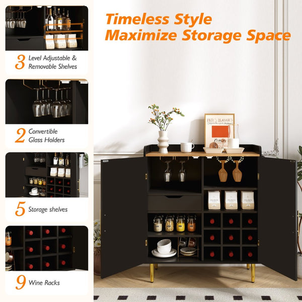 English Elm Modern Fluted Bar Cabinet with Wine Rack Glass Holders Adjustable Shelving and Hidden Drawer Black N728P438606B
