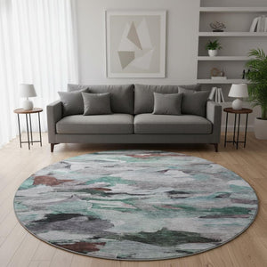HomeRoots 8' Teal Gray and Rust Abstract Round Rug - Washable, UV Protected, Family-Friendly Comfort Solution 683701