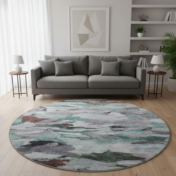 HomeRoots 8' Teal Gray and Rust Abstract Round Rug - Washable, UV Protected, Family-Friendly Comfort Solution 683701