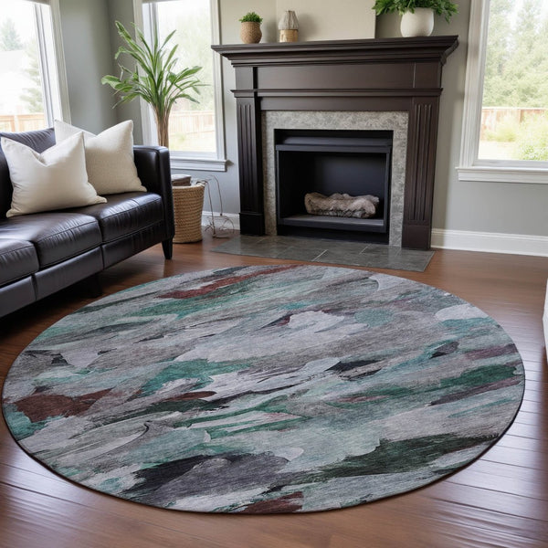 HomeRoots 8' Teal Gray and Rust Abstract Round Rug - Washable, UV Protected, Family-Friendly Comfort Solution 683701