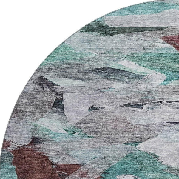 HomeRoots 8' Teal Gray and Rust Abstract Round Rug - Washable, UV Protected, Family-Friendly Comfort Solution 683701