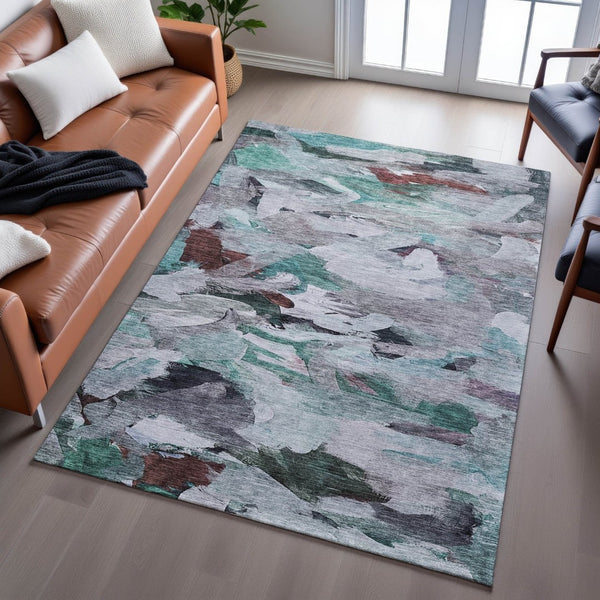 HomeRoots 8' X 10' Teal Gray Rust Abstract Area Rug – Washable, Stain-Resistant, UV Protected for High-Traffic Areas 683702
