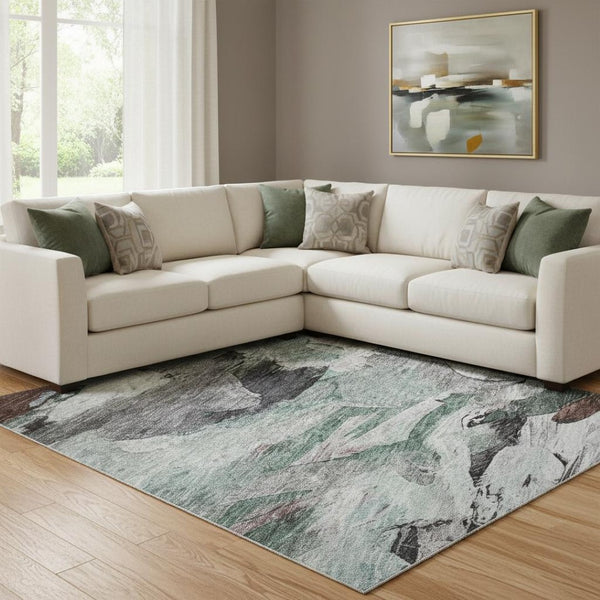 HomeRoots 10' Teal Gray and Rust Abstract Area Rug - Washable, UV Protected, Stylish for Large Spaces! 683704