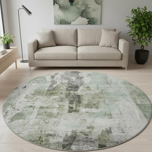 HomeRoots 8' Modern Mint Green, Ivory & Gray Abstract Round Rug - Washable, UV Protected, Durable & Stylish 683707