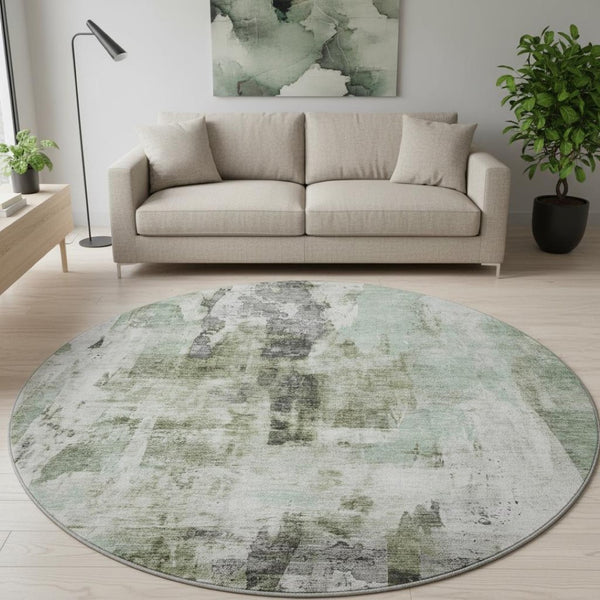 HomeRoots 8' Modern Mint Green, Ivory & Gray Abstract Round Rug - Washable, UV Protected, Durable & Stylish 683707