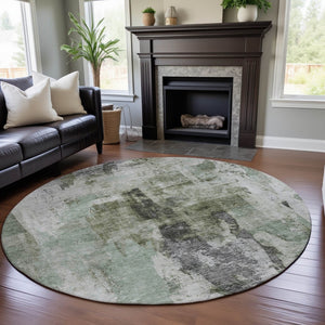 HomeRoots 8' Modern Mint Green, Ivory & Gray Abstract Round Rug - Washable, UV Protected, Durable & Stylish 683707