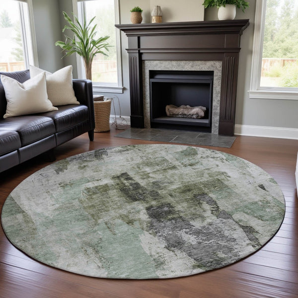 HomeRoots 8' Modern Mint Green, Ivory & Gray Abstract Round Rug - Washable, UV Protected, Durable & Stylish 683707