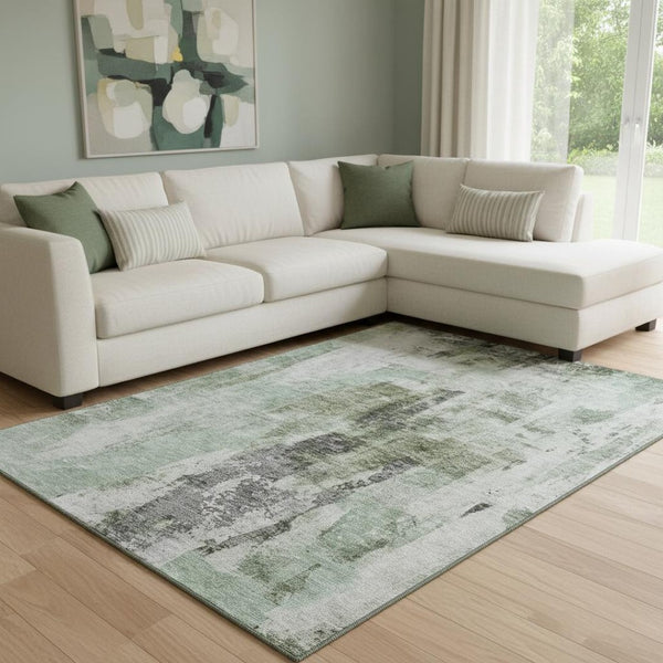 HomeRoots 8' X 10' Mint Green Ivory and Gray Abstract Washable Area Rug - Stylish, Durable, UV-Resistant Design! 683708