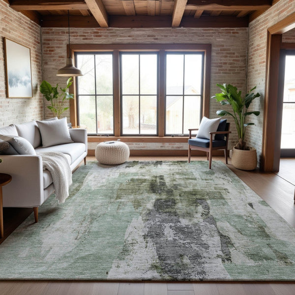 HomeRoots 8' X 10' Mint Green Ivory and Gray Abstract Washable Area Rug - Stylish, Durable, UV-Resistant Design! 683708