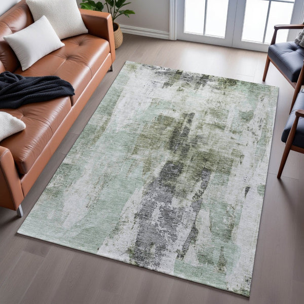 HomeRoots 8' X 10' Mint Green Ivory and Gray Abstract Washable Area Rug - Stylish, Durable, UV-Resistant Design! 683708