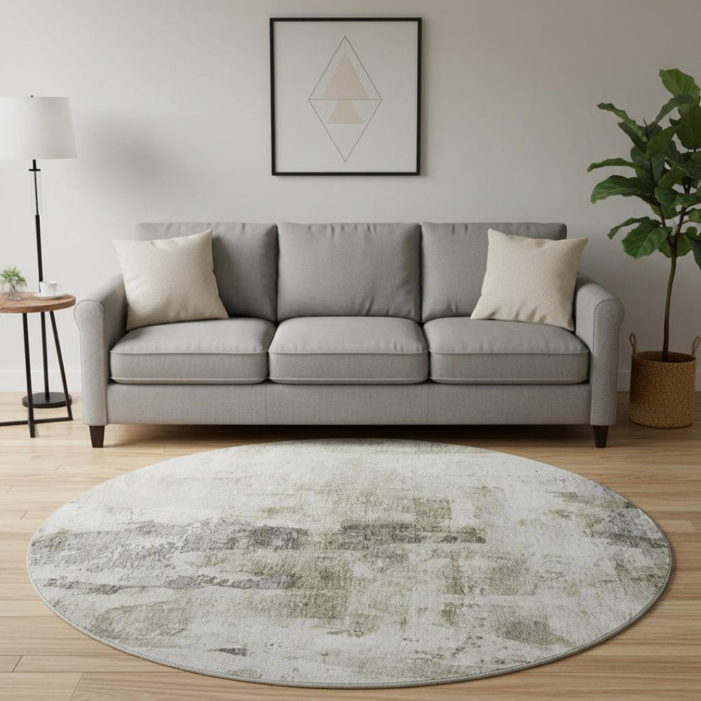 HomeRoots 8' Taupe Beige & Brown Abstract Round Rug - Washable, UV Protected, Ideal for Homes with Kids & Pets 683713