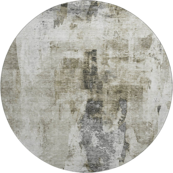 HomeRoots 8' Taupe Beige & Brown Abstract Round Rug - Washable, UV Protected, Ideal for Homes with Kids & Pets 683713