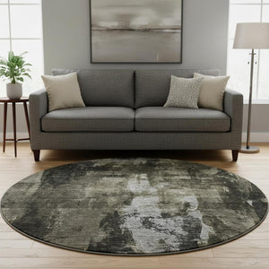 HomeRoots 8' Charcoal Gray & Silver Abstract Washable Round Rug - Stylish, Durable, UV-Protected for Homes 683725