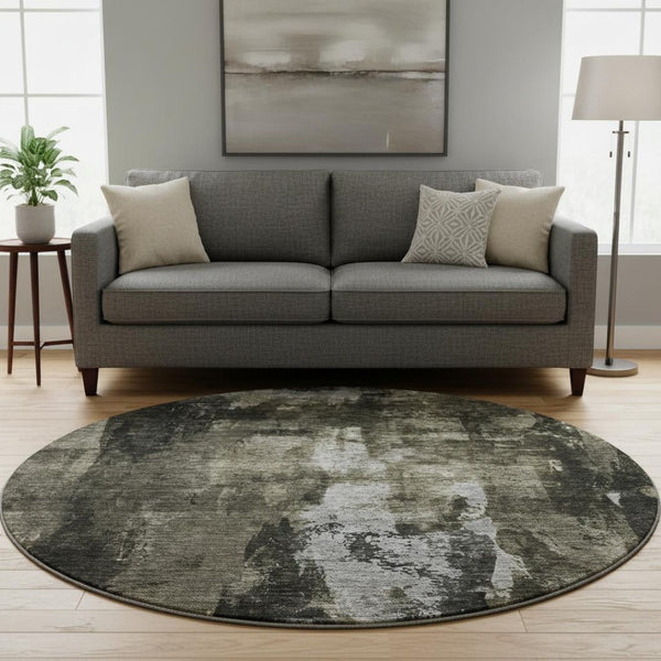 HomeRoots 8' Charcoal Gray & Silver Abstract Washable Round Rug - Stylish, Durable, UV-Protected for Homes 683725