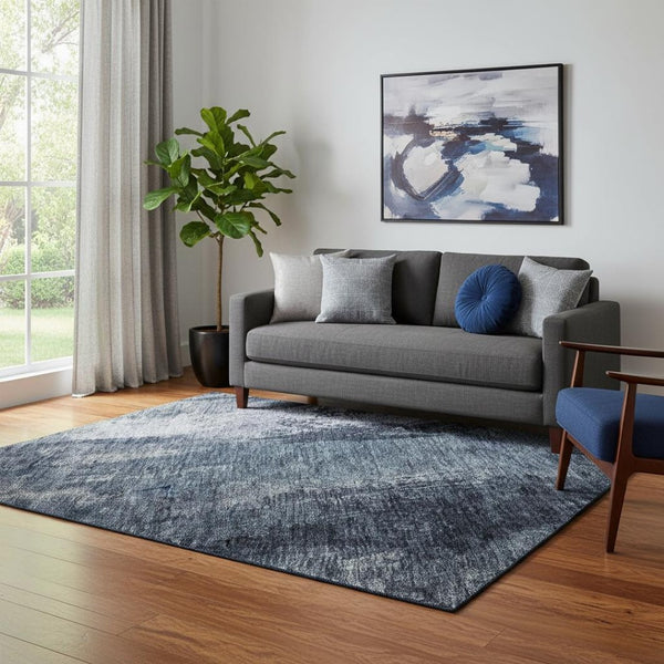 HomeRoots 5' X 8' Navy Blue And Silver Abstract Washable Area Rug - Stain Resistant with UV Protection & Durability 683730