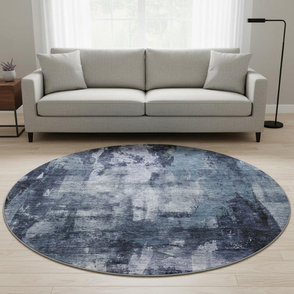 HomeRoots 8' Navy Blue and Silver Abstract Round Rug - Washable, UV-Protected, Modern Design for Busy Homes 683731
