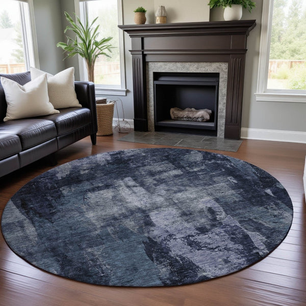 HomeRoots 8' Navy Blue and Silver Abstract Round Rug - Washable, UV-Protected, Modern Design for Busy Homes 683731