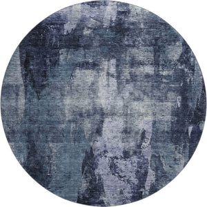 HomeRoots 8' Navy Blue and Silver Abstract Round Rug - Washable, UV-Protected, Modern Design for Busy Homes 683731