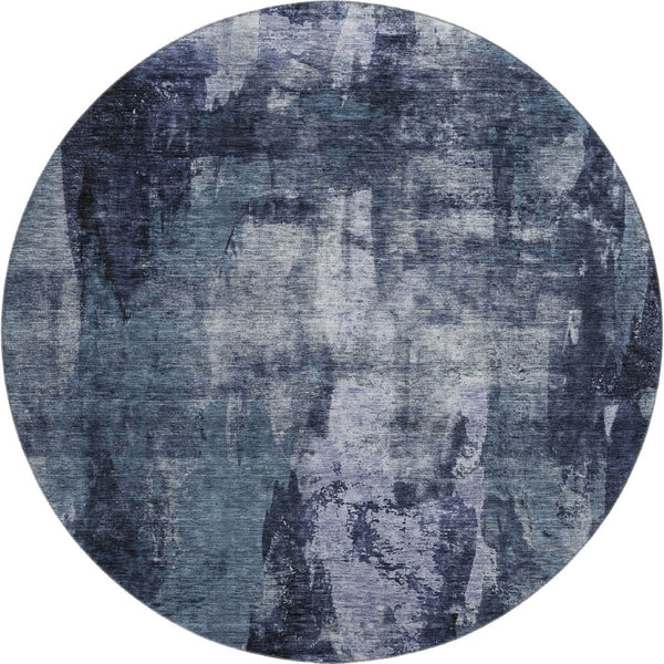 HomeRoots 8' Navy Blue and Silver Abstract Round Rug - Washable, UV-Protected, Modern Design for Busy Homes 683731