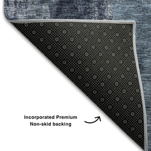 HomeRoots 8' Navy Blue and Silver Abstract Round Rug - Washable, UV-Protected, Modern Design for Busy Homes 683731