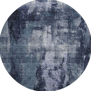 HomeRoots 8' Navy Blue and Silver Abstract Round Rug - Washable, UV-Protected, Modern Design for Busy Homes 683731