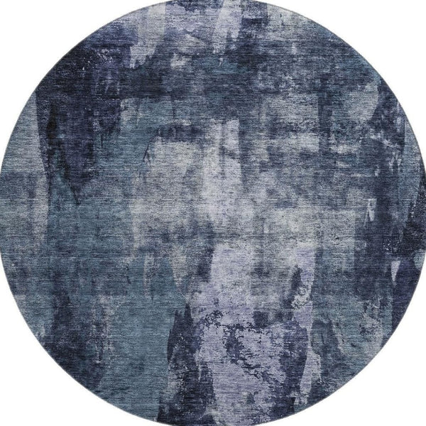 HomeRoots 8' Navy Blue and Silver Abstract Round Rug - Washable, UV-Protected, Modern Design for Busy Homes 683731