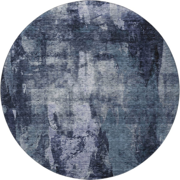 HomeRoots 8' Navy Blue and Silver Abstract Round Rug - Washable, UV-Protected, Modern Design for Busy Homes 683731