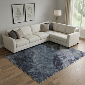 HomeRoots 9' X 12' Navy Blue & Silver Abstract Area Rug - Washable, UV-Protected, Ideal for Modern Living Spaces 683733