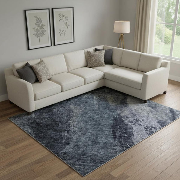 HomeRoots 9' X 12' Navy Blue & Silver Abstract Area Rug - Washable, UV-Protected, Ideal for Modern Living Spaces 683733