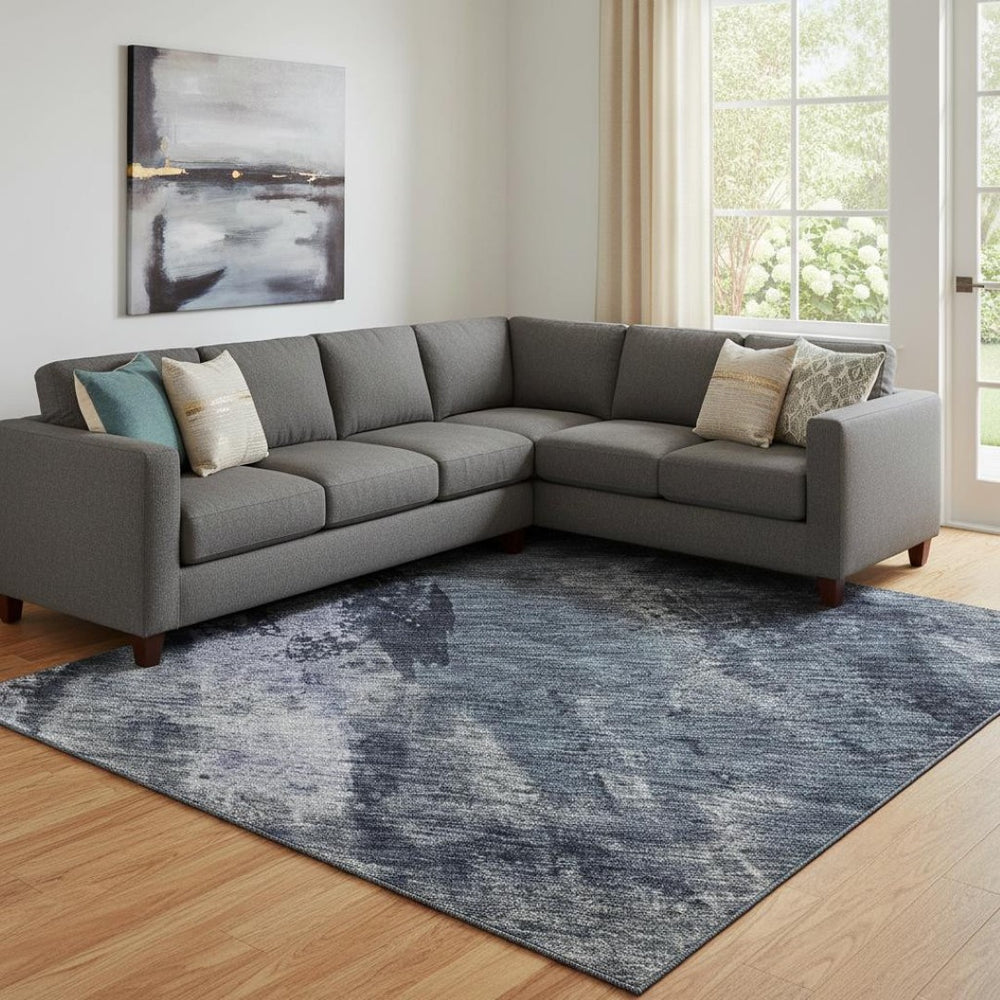 HomeRoots 10' X 14' Navy Blue And Silver Abstract Washable Area Rug – Stain Resistant, UV Protected, Modern Design 683734